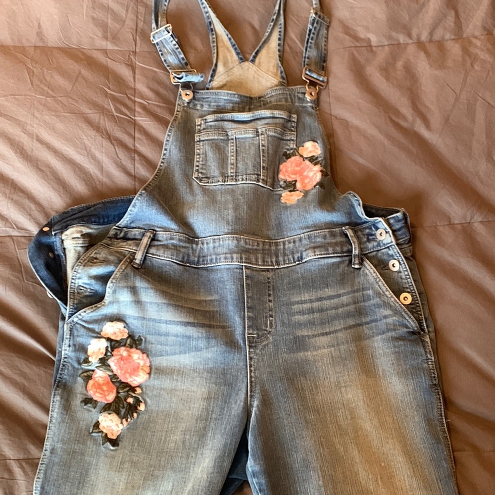 Torrid size 16 overalls with pink flower embroidery